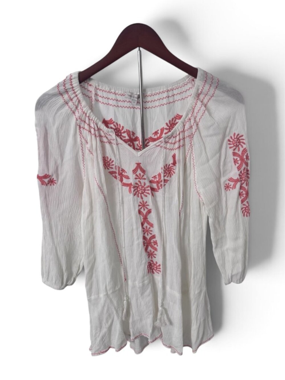 Rose & Rhyme Embroidered Peasant Blouse – White/Red Boho – Small